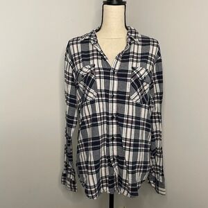 Coastal Plaid Flannel Shirt Medium‎ Blue Casual Button Up Preppy Grunge Granola